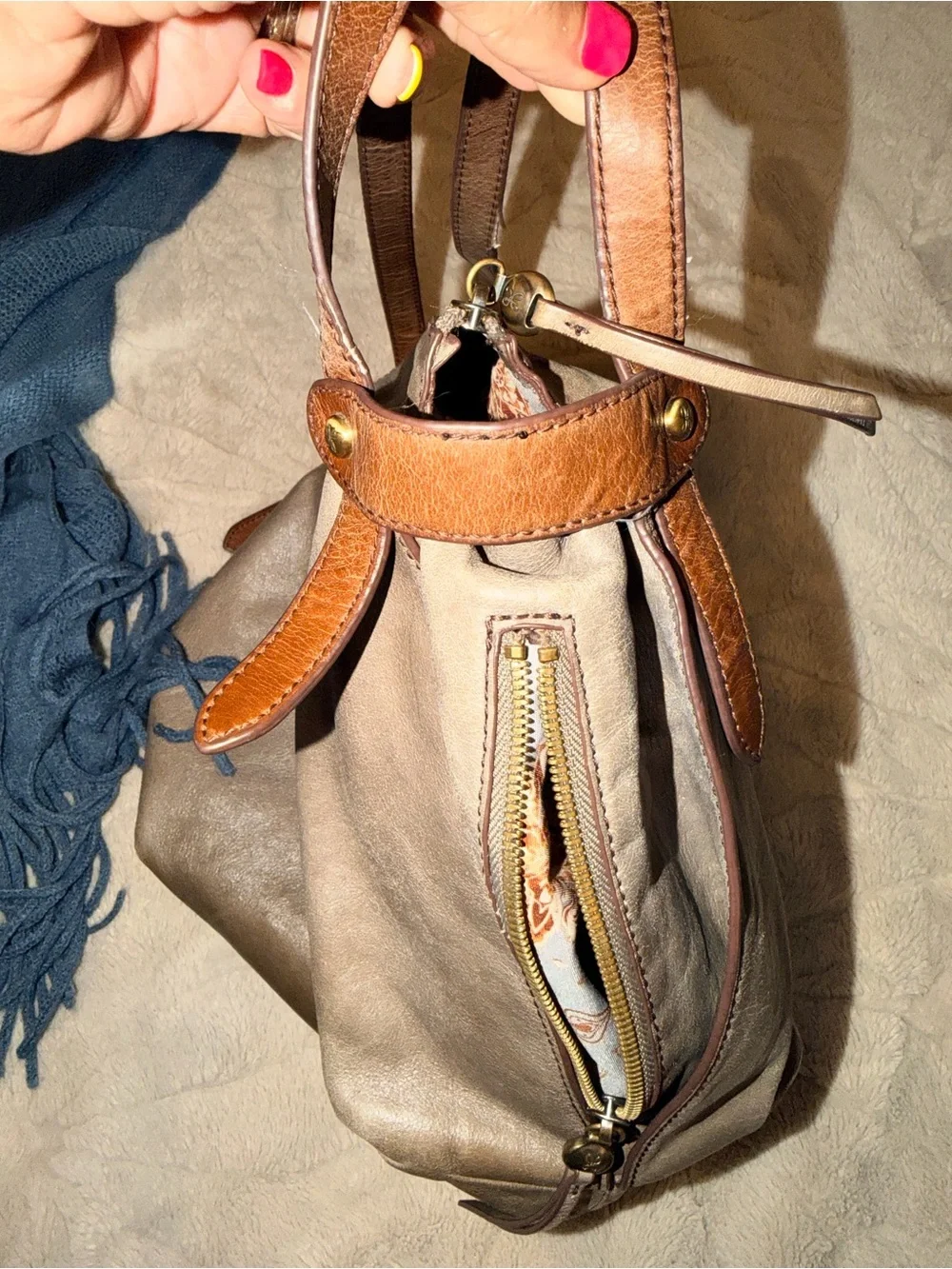 Y2K Vintage HOBO International Gray Slouchy Leather Shoulder Bag Tote Two Tone